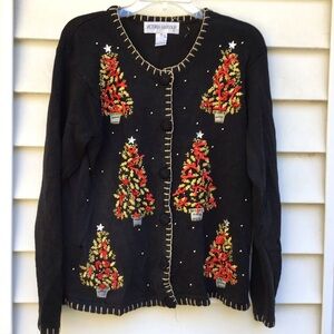 VTG Victoria Harbour Christmas Cardigan Womens Sz Medium Sweater Black Red Gold